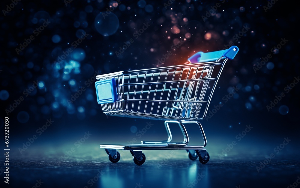Shopping cart on dark background with bokeh effect. 3d rendering