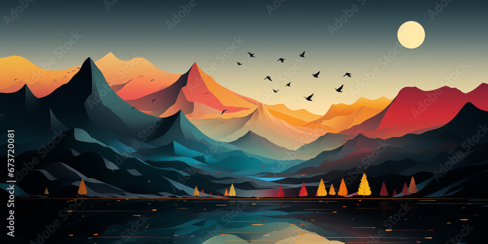 Schöner abstrakter futuristischer Hintergrund künstlerische Zeichnung als Berglandschaft in bunten dunklen Farben für Webdesign und Drucksachen als Vorlage Querformat, ai generativ Schöner abstrakter futuristischer Hintergrund künstlerische Zeichnung als Berglandschaft in bunten dunklen Farben für Webdesign und Drucksachen als Vorlage Querformat, ai generativ