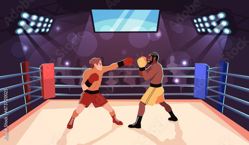 Boxing people. Fighters characters at ring, professional athletes in sparring, strong men in combat sport, Muscular men in sparring on championship tidy vector cartoon flat isolated concept