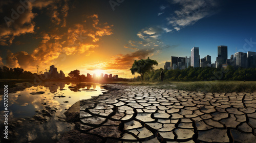 Landscape of cracked ground and city skyline. Global warming concept. © Jioo7