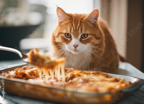 orange color tabby cat with spaghetti and red wine

