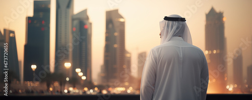 Arab man standing in front of modern high-rise city , wide banner with copy space photo
