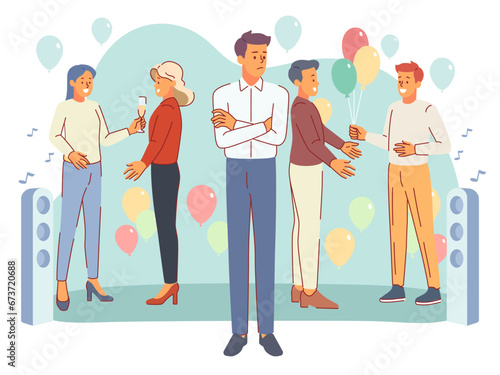 Extravert party with introvert. Isolation, loneliness in people group, friends communicate, self contained guy stands apart, cartoon flat style vector introversion and extraversion concept
