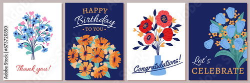 Flower bouquets cards. Cute posters with beautiful floral compositions, congratulatory text, romantic and festive gifts, invitations and greeting cartoon flat isolated tidy vector set