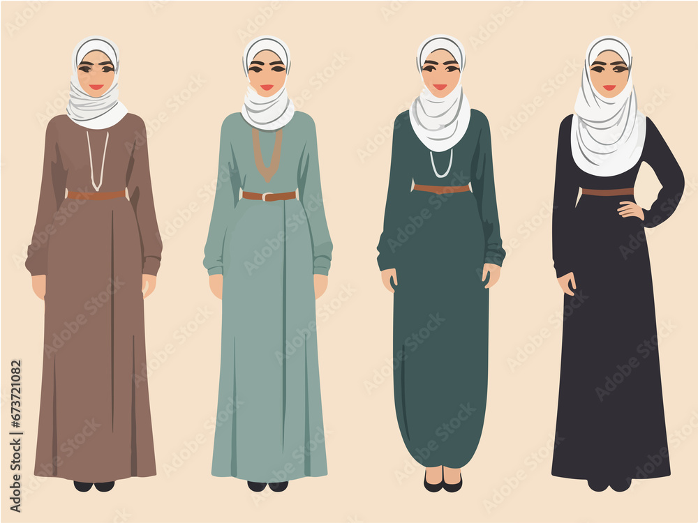 set of woman hijab clothes , flat color vector style image ,arab fashion wearing illustration