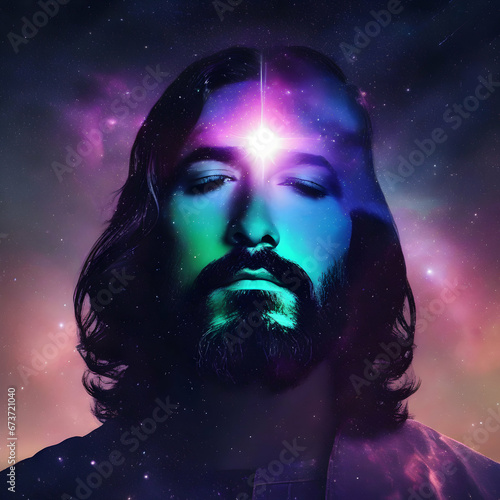The silhouette of Jesus Christ with a dark sky galaxy in the background. 