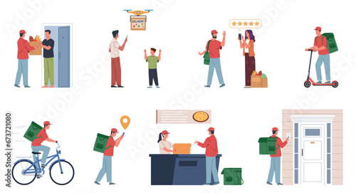 Food delivery service. Couriers delivering products from restaurants, cafes and shops, customers order to doorstep. Online service app. Cartoon flat style isolated nowaday vector set