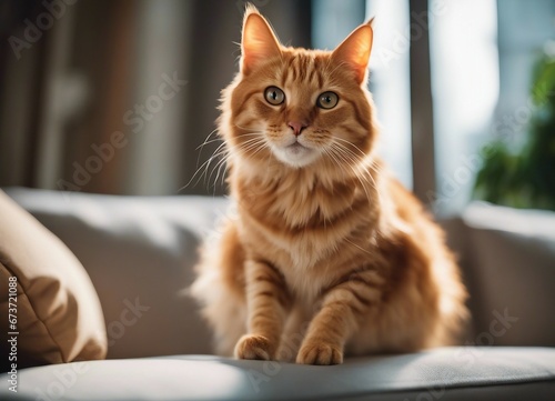 orange color tabby cat, jumping on couch   © abu