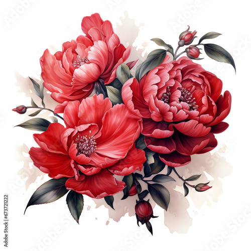 Pink peony flowers and red roses. Watercolor