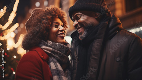 mature black couple in love walks in the street with christmas lights