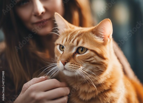 orange color tabby cat  with owne