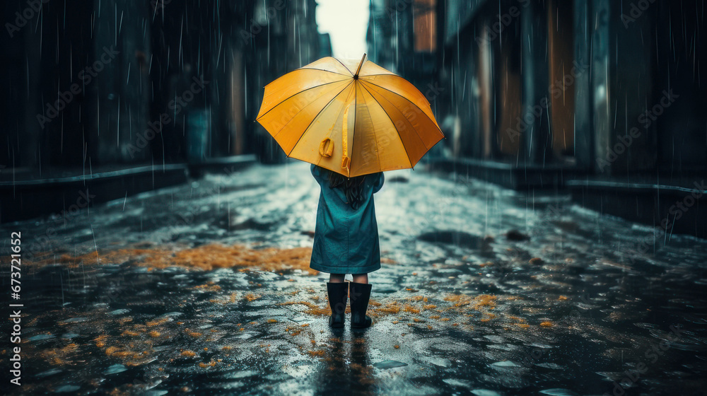 Raining outside,a girl is standing under an umbrella in a puddle rainy day