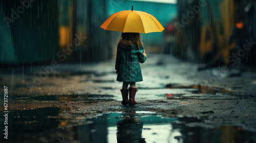Raining outside,a girl is standing under an umbrella in a puddle rainy day