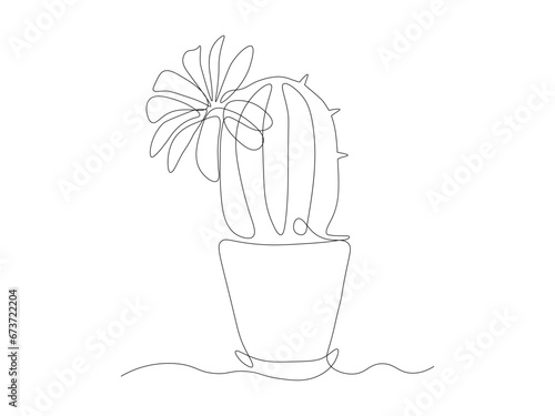 Abstract flowering cactus, houseplant , continuous one line art hand drawing