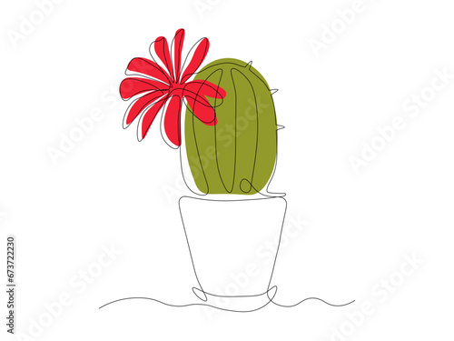 Abstract flowering cactus, houseplant , continuous one line art hand drawing