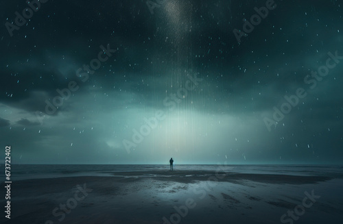 Sad man is standing in dark night rainy sky above an ocean photo