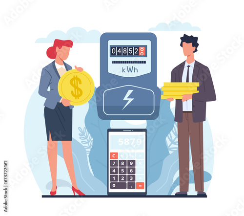 Man and woman together paying utility bills for electricity. Family budget. People with invoice and electricity meter. Calculate payment. Cartoon flat style isolated vector concept