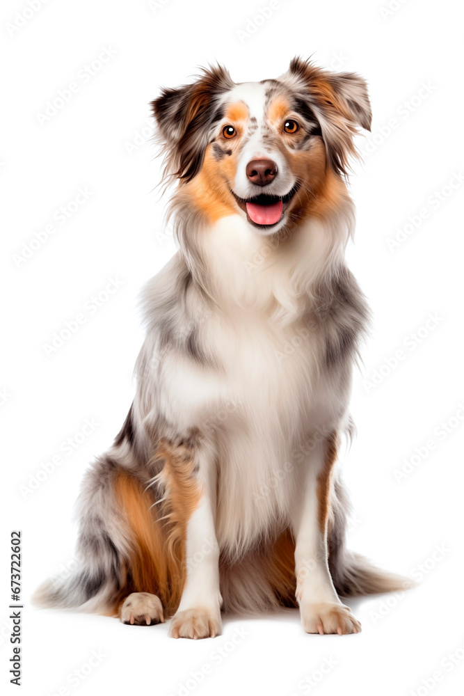 Aussie breed dog. Isolated photo on a white background. Pets.