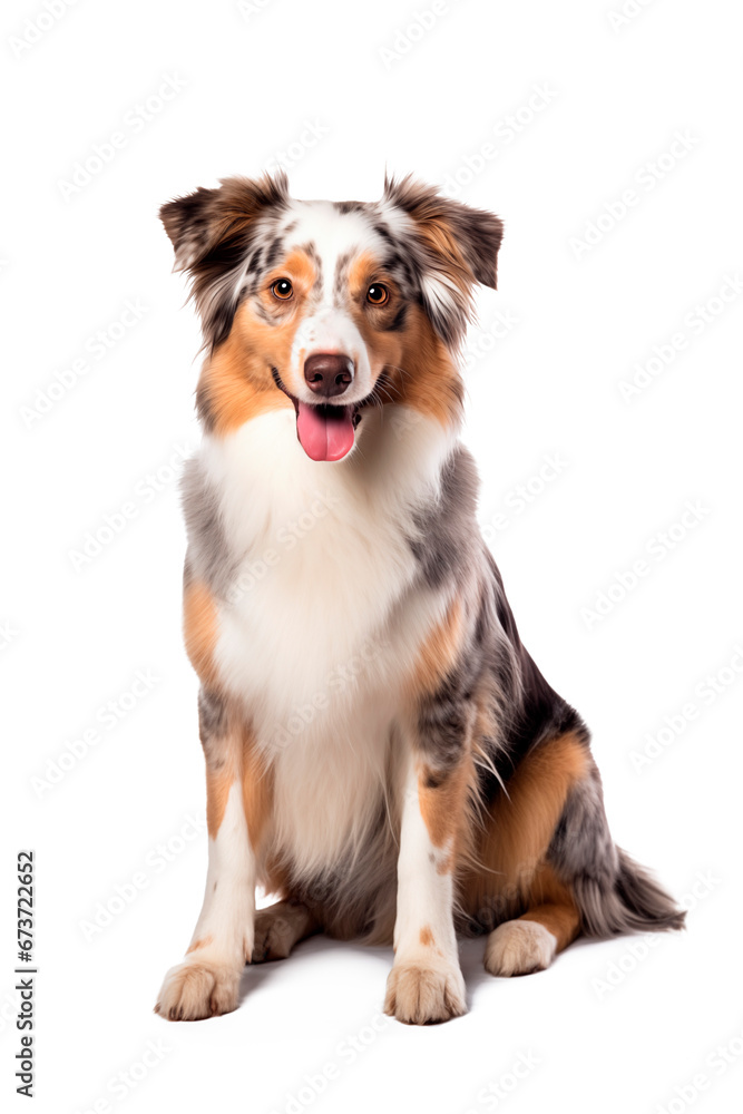 Aussie breed dog. Isolated photo on a white background. Pets.