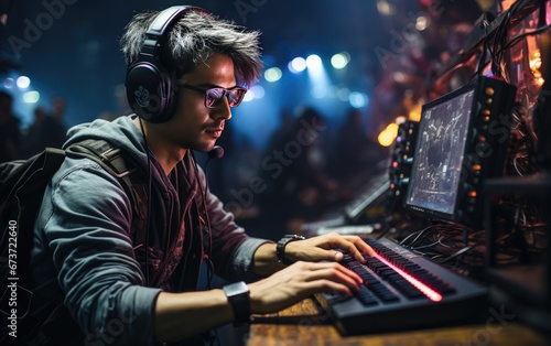 Portrait of young asian man playing computer games in night club © Rozeena