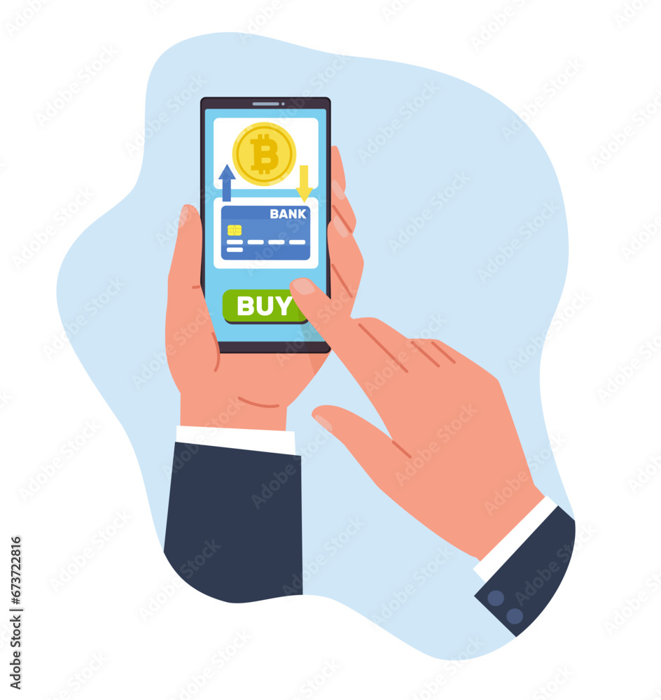 Purchase cryptocurrency using cell phone app and bank card. Hand hold smartphone with online banking application on screen. Electronic money, cartoon flat style isolated vector concept Purchase cryptocurrency using cell phone app and bank card. Hand hold smartphone with online banking application on screen. Electronic money, cartoon flat style isolated vector concept