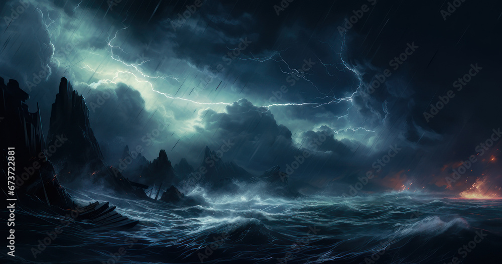 Stormy sea.Sea wave at night with a lightning bolt and dark clouds Stormy sea.Sea wave at night with a lightning bolt and dark clouds