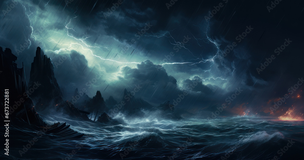 Stormy sea.Sea wave at night with a lightning bolt and dark clouds