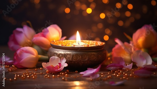 Happy Diwali background, Happy Deepavali festival with oil lamps and flowers, Hindu Festival of Lights Celebration, diya lamps, candle, indian ornaments and adverticement banner