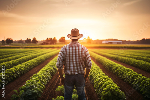 A farmer stands in a field inspecting the harvest at sunset. Agriculture. Agro-industry. Plantation.
