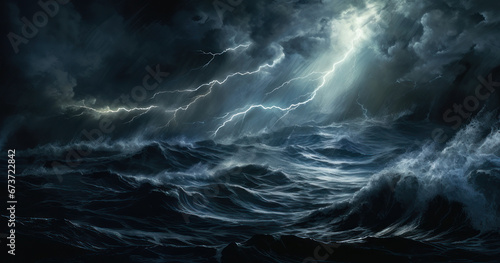 Stormy sea.Drawing of the sea at night with a lightning bolt and dark clouds