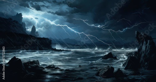 Stormy sea.Drawing of the sea at night with a lightning bolt and dark clouds