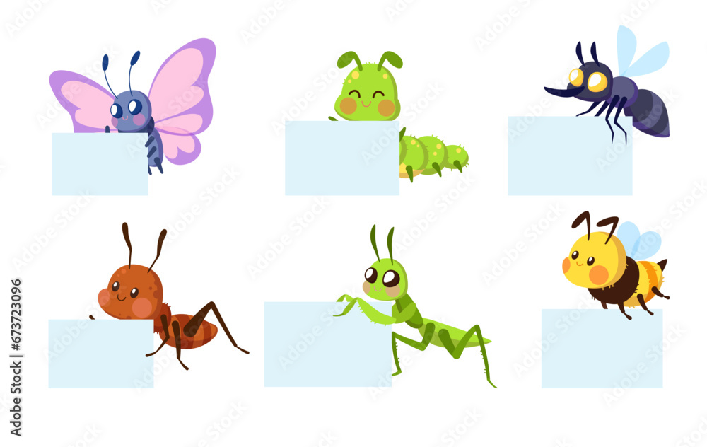 Obraz premium Set of insects holding white sheets. Funny little characters with blank paper. Butterfly, bee and little ant, grasshopper caterpillar and fly. Vector cartoon flat childish illustration