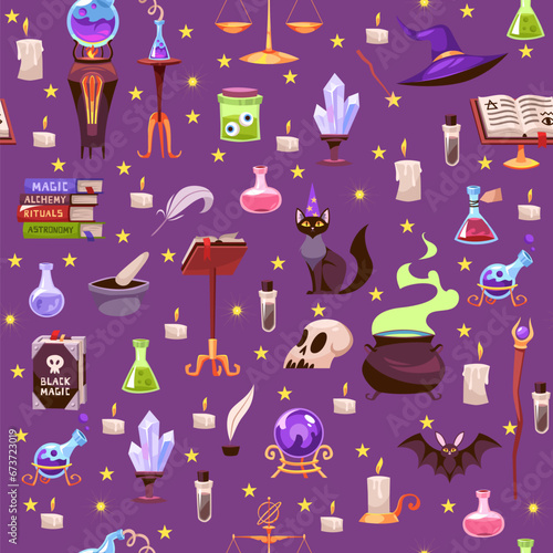 Seamless pattern with magical items. Witch and wizard accessories. Decor textile, wrapping paper, wallpaper design. Halloween print for fabric. Cartoon flat style isolated vector concept