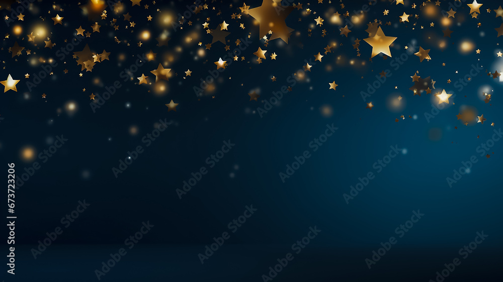 Falling gold stars dark blue background. Festive backdrop. Glitter bokeh. Can be used for Holiday, any celebration or party, Christmas, New Year, Valentine’s Day, National Holiday. Copy space. - obrazy, fototapety, plakaty 