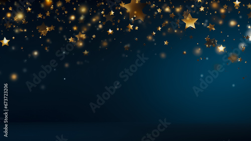 Falling gold stars dark blue background. Festive backdrop. Glitter bokeh. Can be used for Holiday, any celebration or party, Christmas, New Year, Valentine’s Day, National Holiday. Copy space. photo