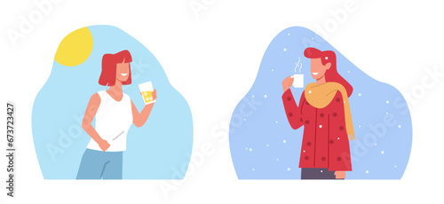 Women drink cold drink in hot weather and hot drink in cold weather. Girl with season beverages in mug. lemonade or water and coffee or tea. Cartoon flat style isolated vector concept