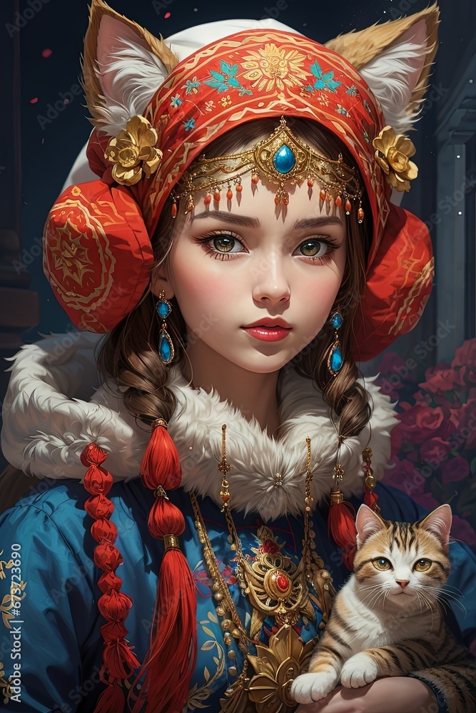 A girl in traditional clothes with cat ears.       