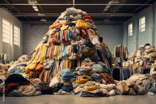 Huge piles of clothes and fabric in the warehouse. The problem of overproduction. 