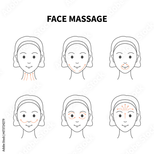 Anti-age face lifting massage technique for rejuvenation and radiant look. Facial routine to reduce fine lines and wrinkles. Beauty and wellbeing concept. Vector linear illustration.