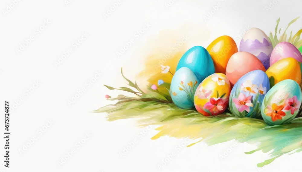 Beautiful colorful spring easter eggs isolated on white with copy space
