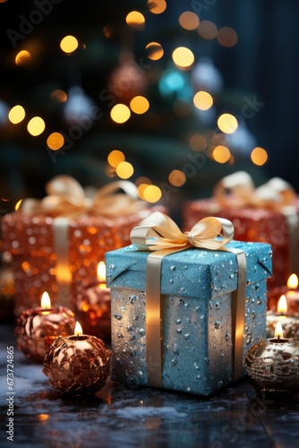 Christmas bright gift box on bokeh background from Christmas lights. greeting card.  © Виктория Попова
