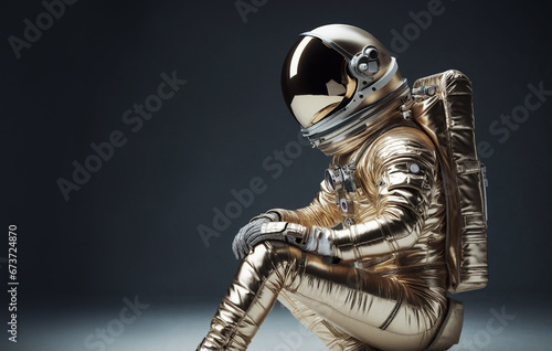 A fashion woman in a golden astronaut suit. Ideal for avant-garde fashion, space exploration, and futuristic design concepts. photo