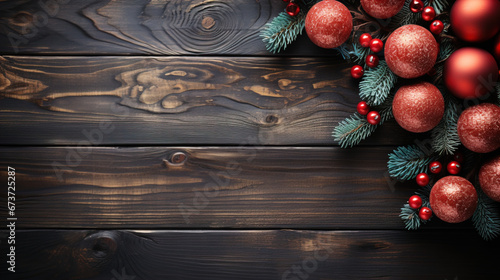 Christmas tree decorations on a wooden background