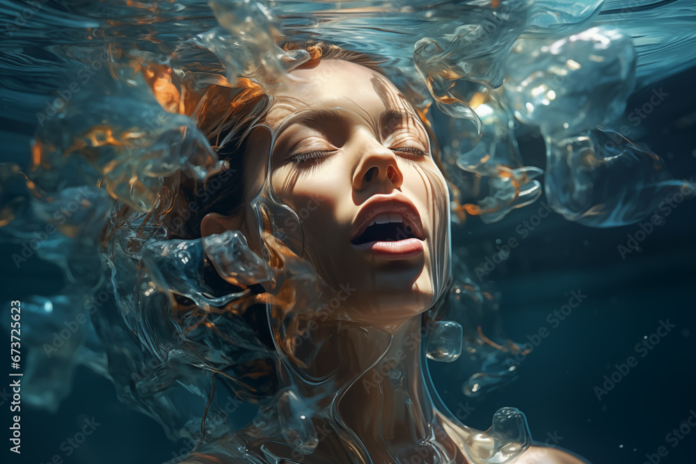 portrait of a woman underwater, she's breathing