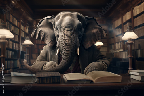 elephant sits at a table in the library and reads books, studies, looks like a professor