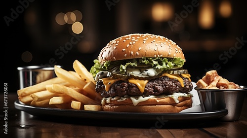 Cheese burger - American cheese burger with Golden French fries on wooden table