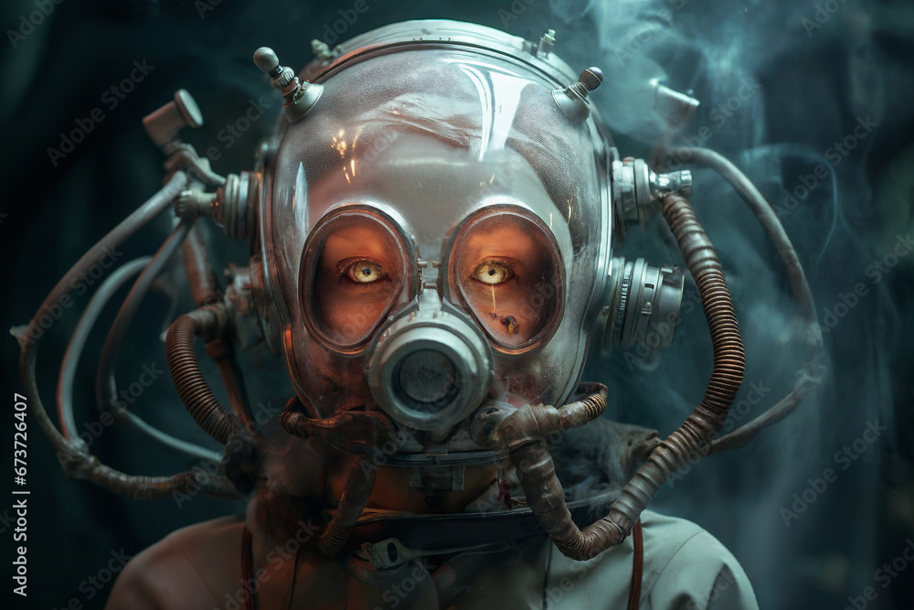 portrait of a zombie woman, wearing a gas mask or a futuristic helmet, under water, with biohazard or mutation on her skin portrait of a zombie woman, wearing a gas mask or a futuristic helmet, under water, with biohazard or mutation on her skin