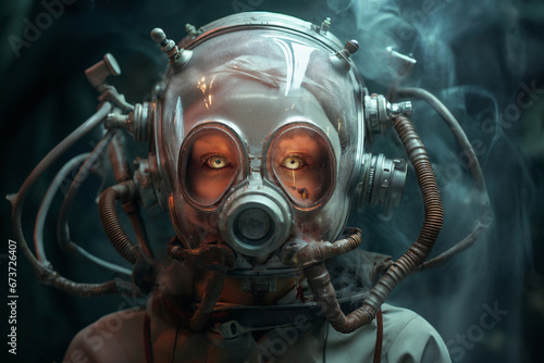 portrait of a zombie woman, wearing a gas mask or a futuristic helmet, under water, with biohazard or mutation on her skin
