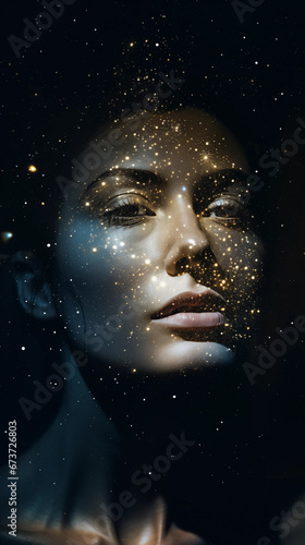 Beauty portrait of woman with partly covered with stars with the cosmos in the background