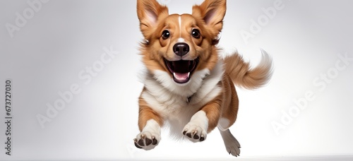 A small purebred dog is flying in a jump. Isolated on a white background. Generated by AI. © index74